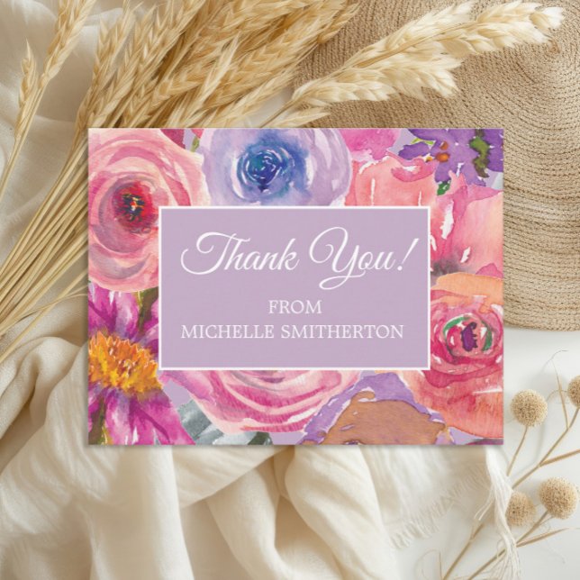 Lila Rosa Vilda Blommor Tack Vykort (Elegant purple and pink watercolor wildflowers birthday party thank you postcard)