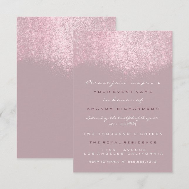 Lila Rosa Vit Grå Glitter Formell Inbjudan (Fram/baksida)