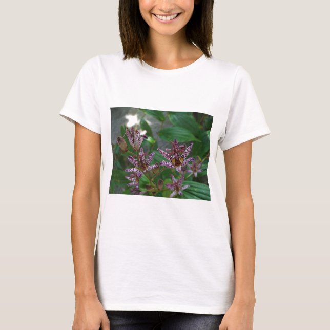 Lila rosa vit strimmig orkidé som blomkål t-shirt (Framsida)
