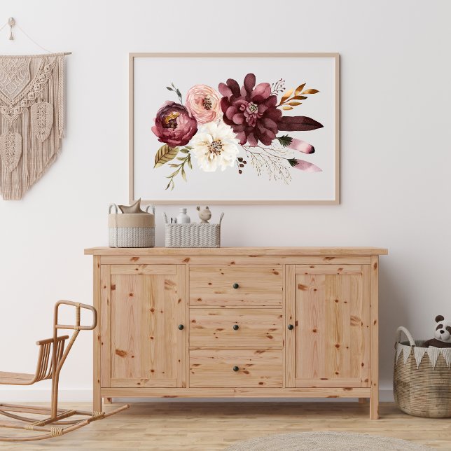 Lila Rosa Vita Blommiga Botaniska Blommor Boho  Poster (Purple Pink White Watercolor Floral Wall Art)