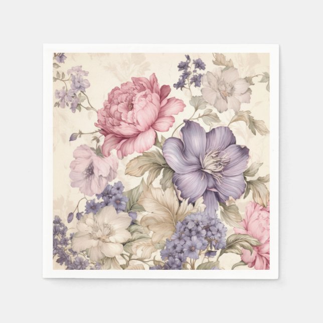 Lila Rosa Vita Blommiga Servetter (Framsidan)