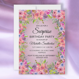 Lila Rosa Watercolor Blommigt Surprise Birthday Inbjudningar