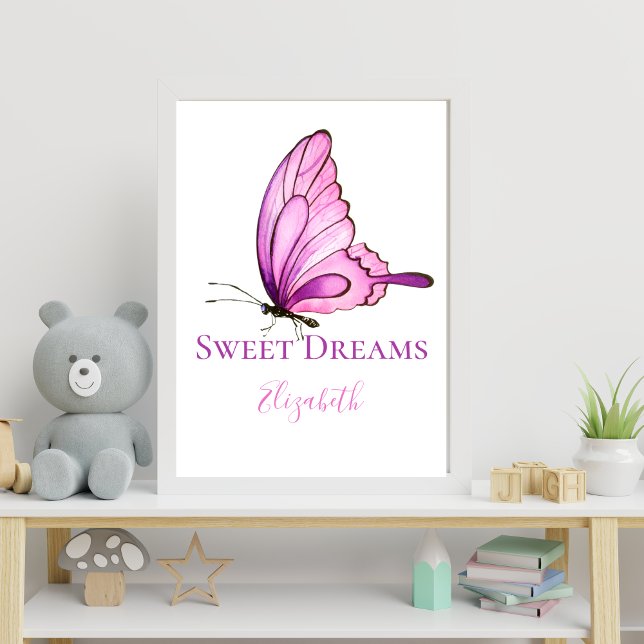 Lila Rosa Watercolor Butterfly Nursery Wall Art Poster (Purple pink Butterfly Personalized Nursery Wall Art)