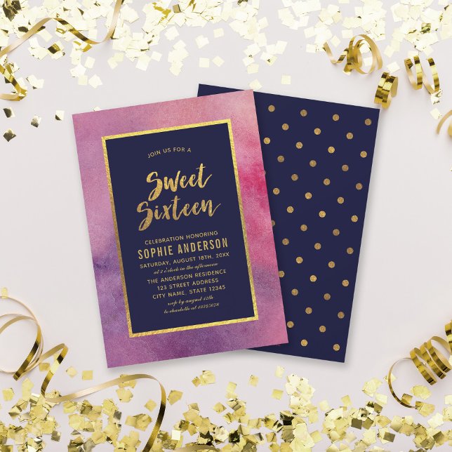 Lila Rosa Watercolor & Faux Guld Sweet sixteen Inbjudningar (Skapare uppladdad)