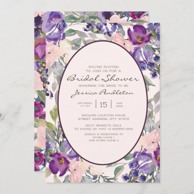 Lila Rosa Watercolor Garden Blommigt Möhippa Inbjudningar (Fram/baksida)