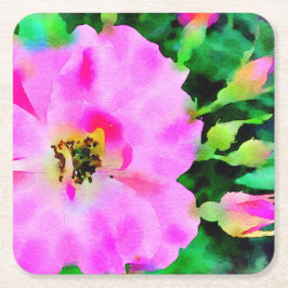 Lila Rosa Watercolor of Summer Ro Underlägg Papper Kvadrat
