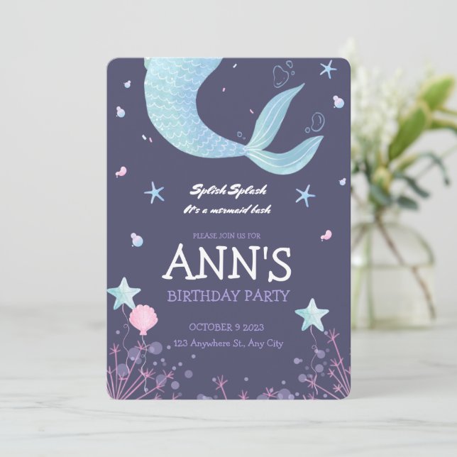 Lila Rosa Watercolor Sjöjungfru Barns födelsedag Inbjudningar (Stående Fram)