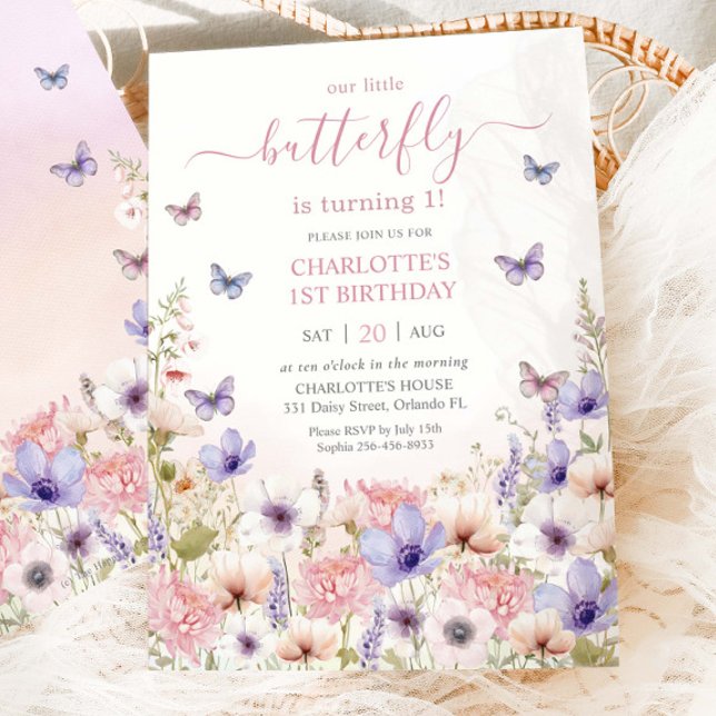 Lila Rosa WildblomButterflies 1:a födelsedag Inbjudningar (Skapare uppladdad)