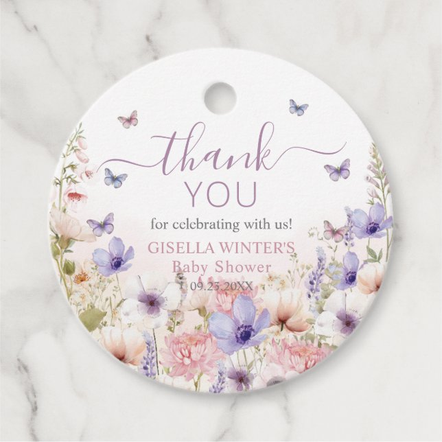 Lila Rosa WildblomButterflies Baby i Bloom Gåvor Etiketter (Framsida)