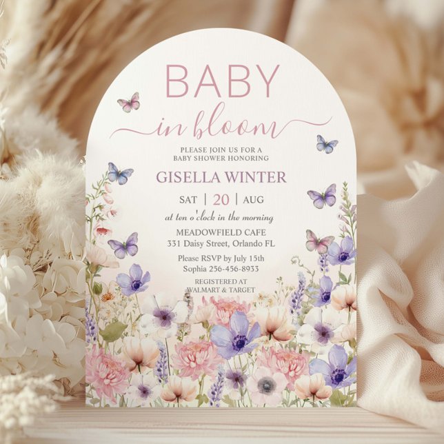 Lila Rosa WildblomButterflies Baby i Bloom Inbjudningar (Skapare uppladdad)