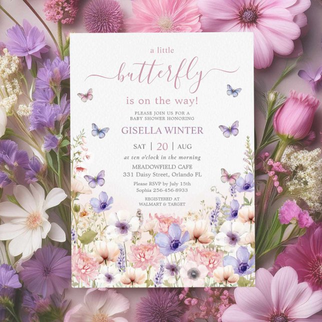 Lila Rosa WildblomButterflies Baby Shower Inbjudningar (Skapare uppladdad)