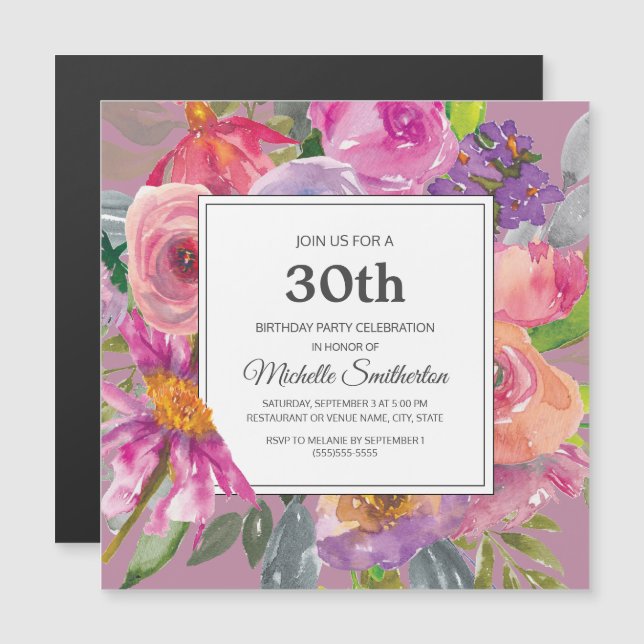 Lila Rosa Wildblomma 30års födelsedag Party Square Magnetisk Inbjudningskort (Fram/baksida)