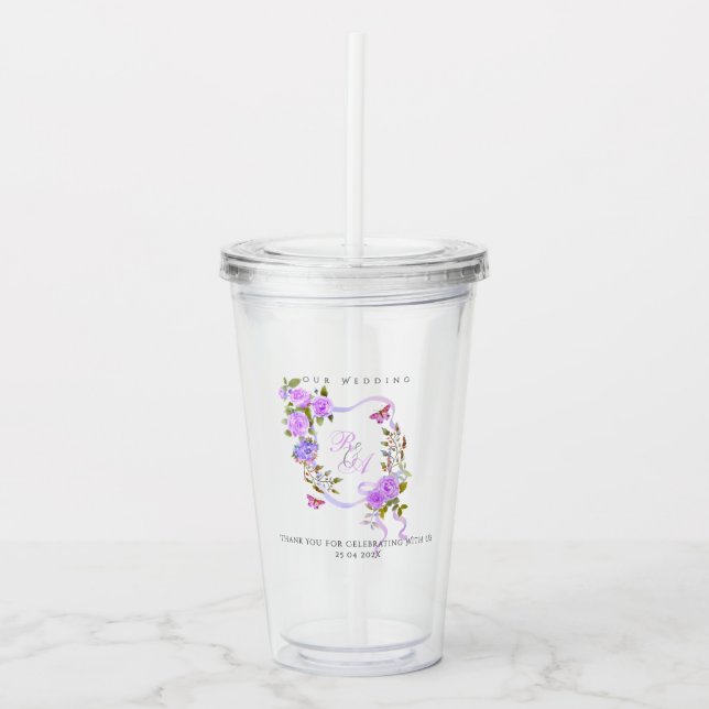 Lila Rosband Monogram Bröllop  Take Away Mugg (Framsida)