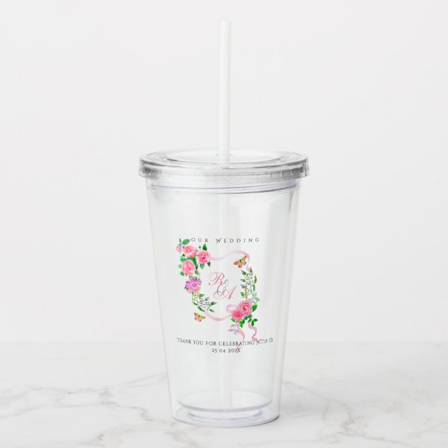 Lila rosband monogram bröllop  take away mugg (Framsida)