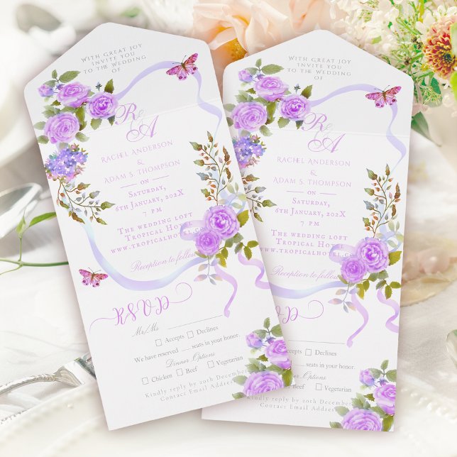Lila Rosband Monogram Bröllopsinbjudan (Purple  Rose Ribbon Monogram Wedding Invitation)