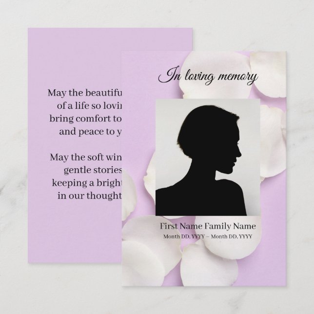 Lila rosblommor begravning bönekort tilläggskort (Fram/baksida)