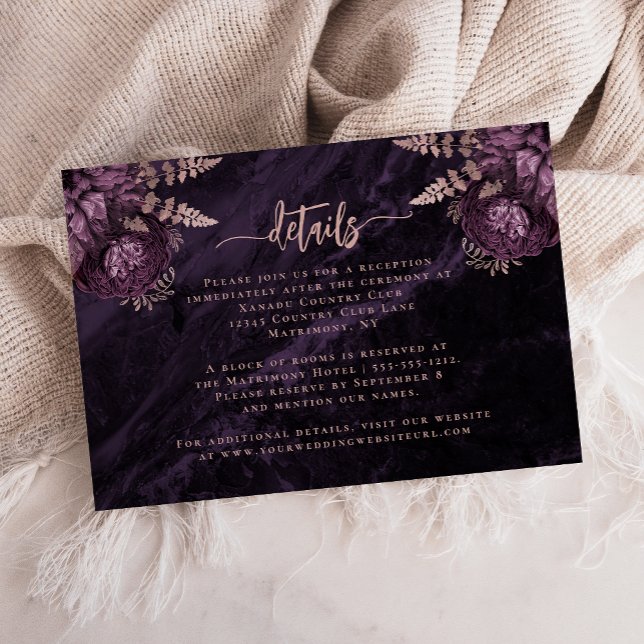 Lila Roséguld Blommig Script Bröllopsdetaljer Tilläggskort (Skapare uppladdad)