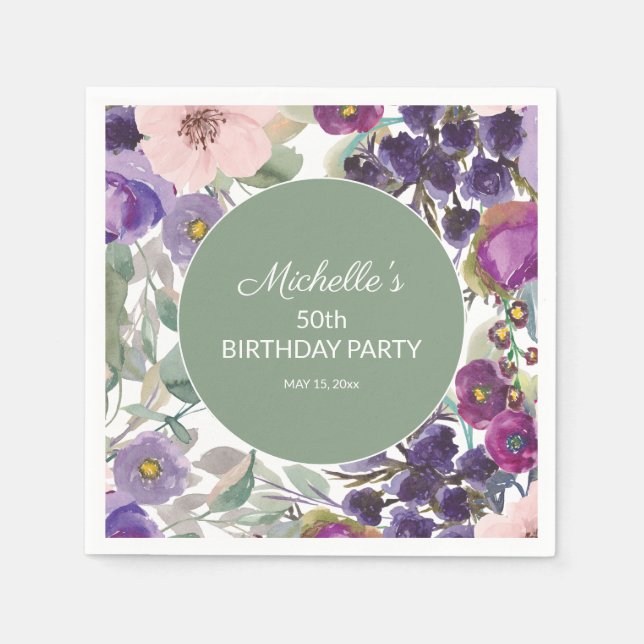 Lila Rosenskär Blommor Sälggrön 50-årsdag Pappersservett (Framsidan)