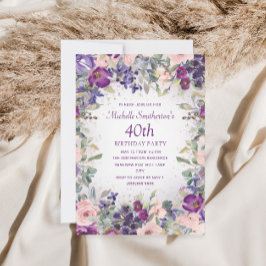 Lila rosenskära blommor och blad 40-årsdag inbjudningar