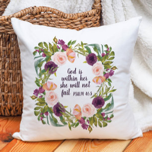 Lila Rosenskärmsblommig Gud är inom henne Kristna Kudde
