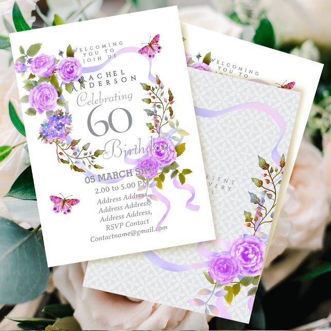 Lila rosettband 60-års födelsedagsinbjudan inbjudningar (Purple Rose Ribbon 60th Birthday Invitation Card)