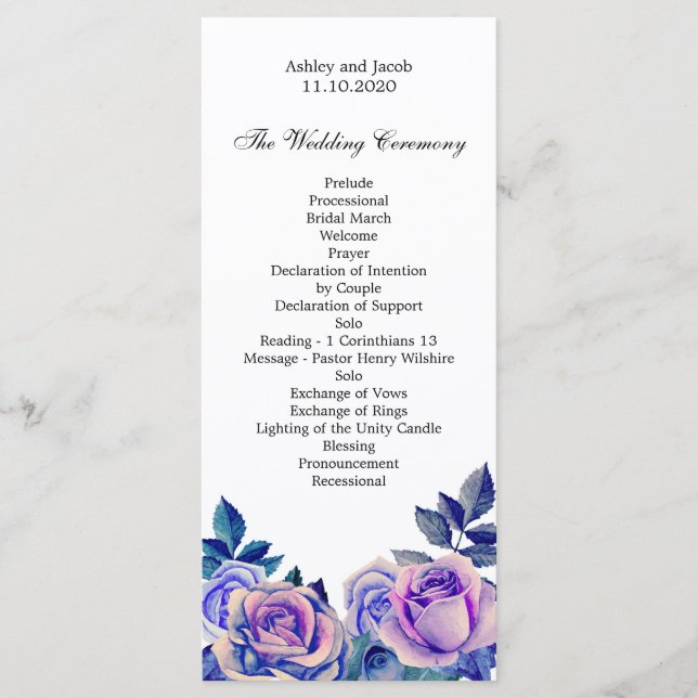 Lila rosor bröllopsprogram. Blommig ceremoni Program (Framsida)