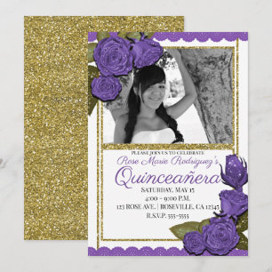 Lila rosor guld glitter Quinceañera födelsedag Inbjudningar