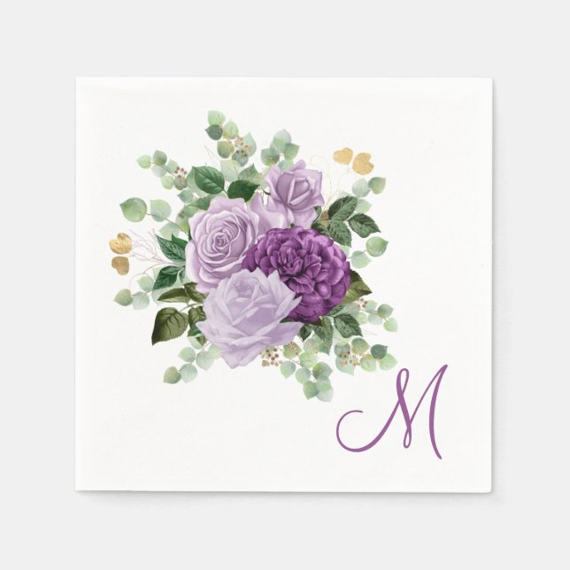 Lila Rosor Monogram Pappersservett (Framsidan)