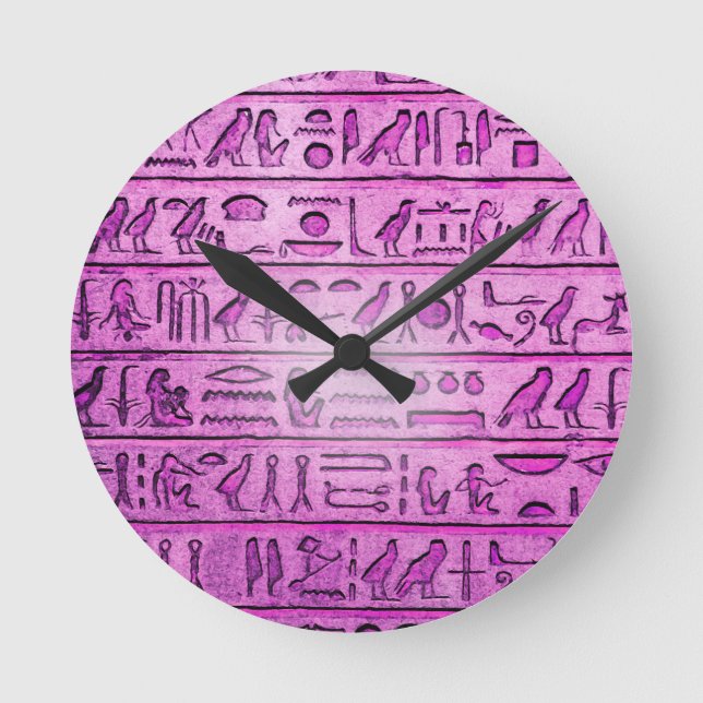 Lila Round Clock för antika egyptiska hieroglyfer Rund Klocka (Framsida)