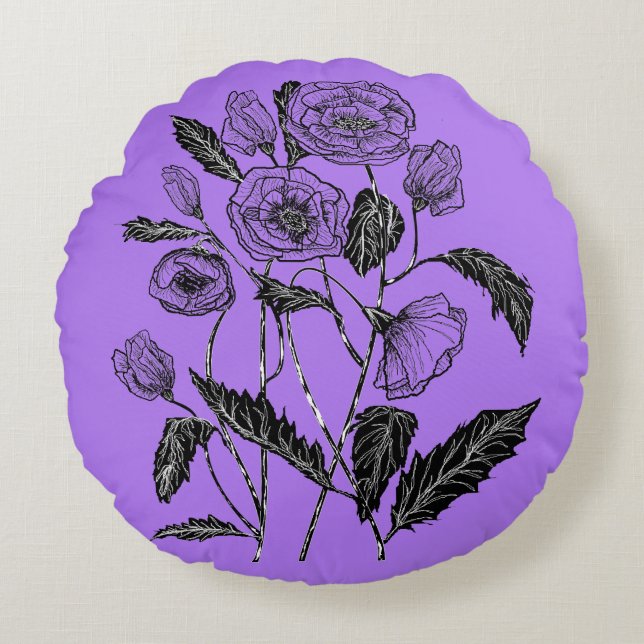 Lila Round Pillow Poppy Flowers - Anpassningsbar F Rund Kudde (Framsidan)