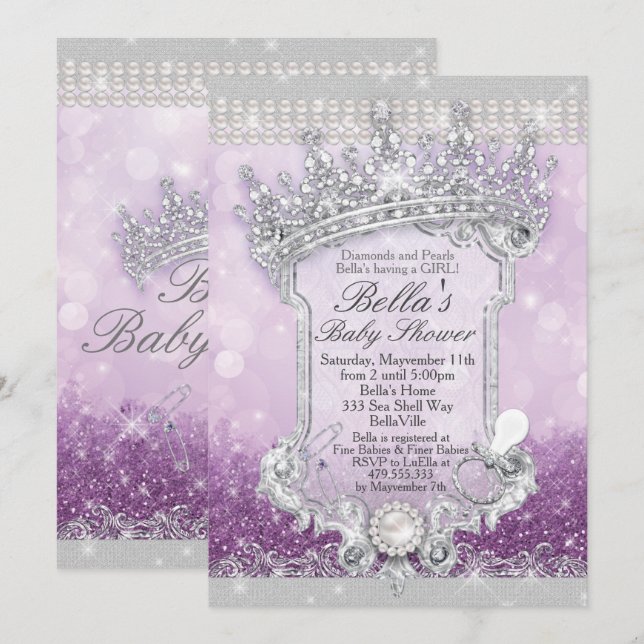 Lila Royal Bling Glitter Baby Shower-inbjudningar Inbjudningar (Fram/baksida)