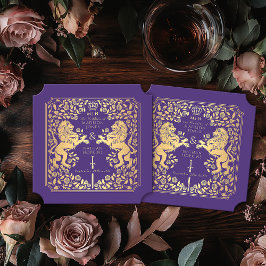 Lila Royal Lejon Medieval Sword Bröllop Biljett Underlägg Papper