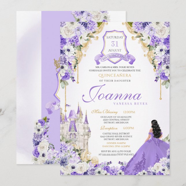 Lila Royal Princess Guld & Lavender Quinceanera Inbjudningar (Fram/baksida)