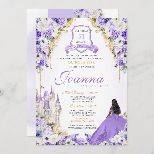 Lila Royal Princess Guld & Lavender Quinceanera Inbjudningar (Fram/baksida)