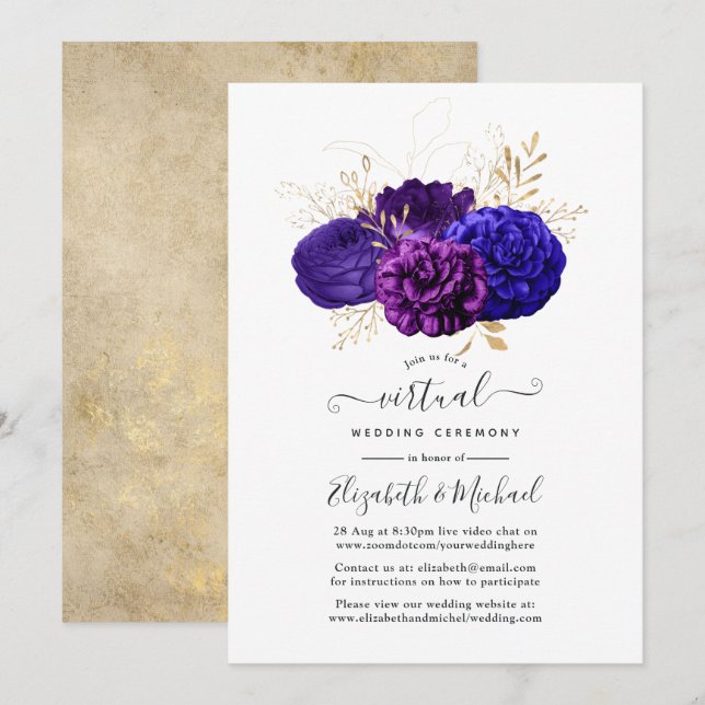 Lila, Royalblå och Guld Blommig Virtuell Bröllopsf Inbjudningar (Fram/baksida)