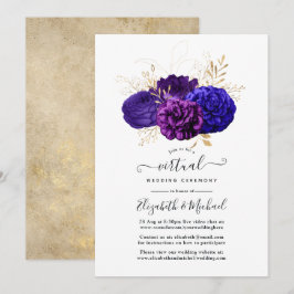 Lila, Royalblå och Guld Blommig Virtuell Bröllopsf Inbjudningar