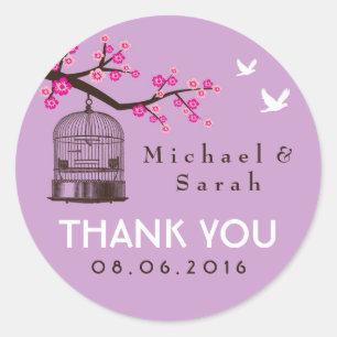 Lila Rustic Bird Cage Flower Bröllop Sticker Runt Klistermärke