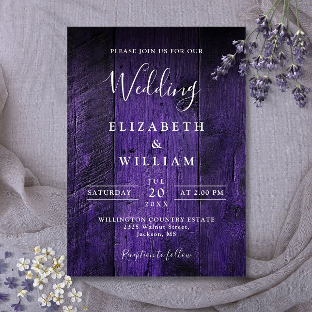 Lila Rustic Boho Elegant Barn Wood Bröllop Inbjudningar (Purple Rustic Boho Elegant Barn Wood Wedding Invitation)