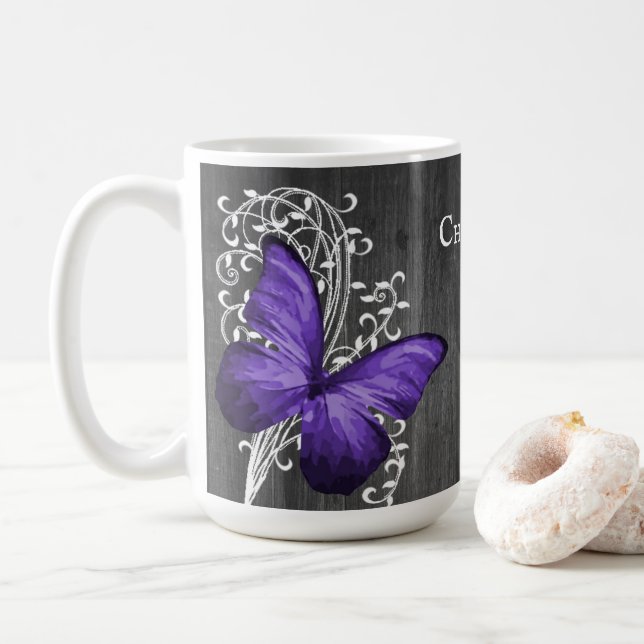 Lila Rustic Butterfly Personlig Coffee Mugg (Med munk)
