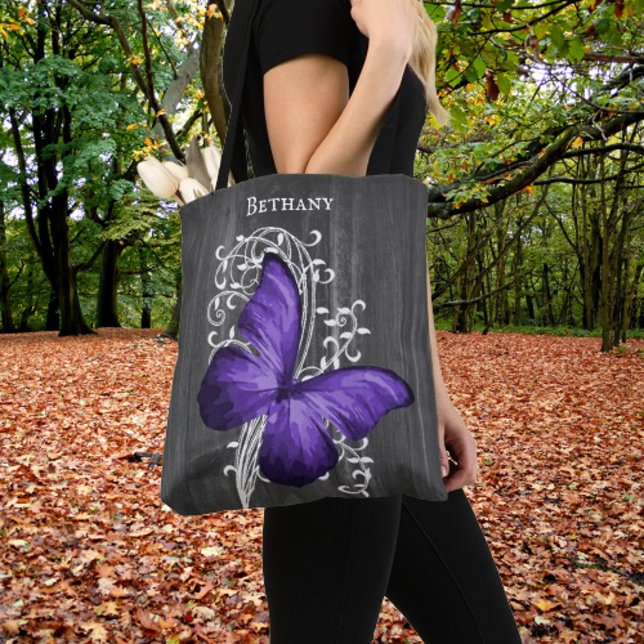 Lila Rustic Butterfly Personlig Tote Bag Tygkasse (Purple Rustic Butterfly Personalized Tote Bag)