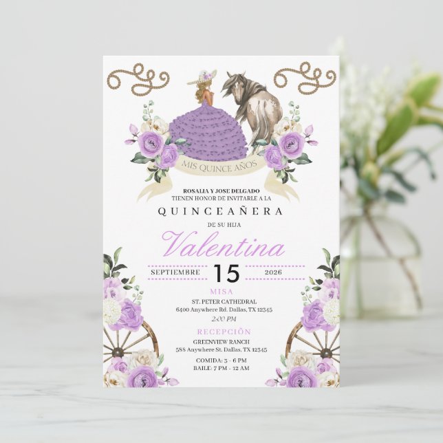 Lila Rustic Charro Cowgirl Western Quinceañera Inbjudningar (Stående Fram)