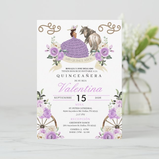 Lila Rustic Cowgirl Western Quinceañera Inbjudningar (Stående Fram)