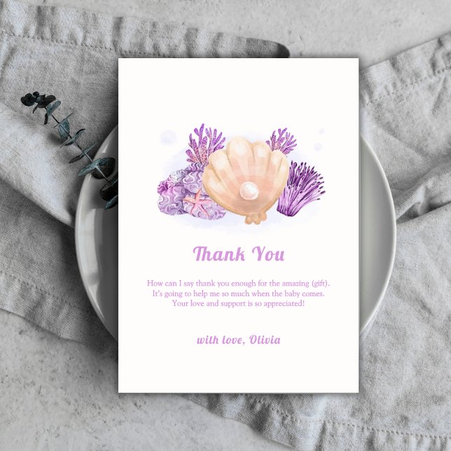 Lila Rustic Pearl Seashell Baby Shower Tack Kort (Purple Rustic Pearl Seashell Baby Shower Thank You Card)