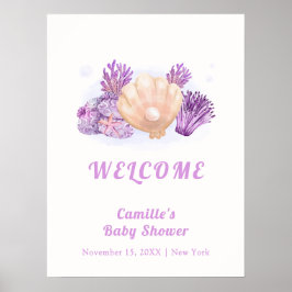 Lila Rustic Pearl Seashell Baby Shower Välkommen Poster