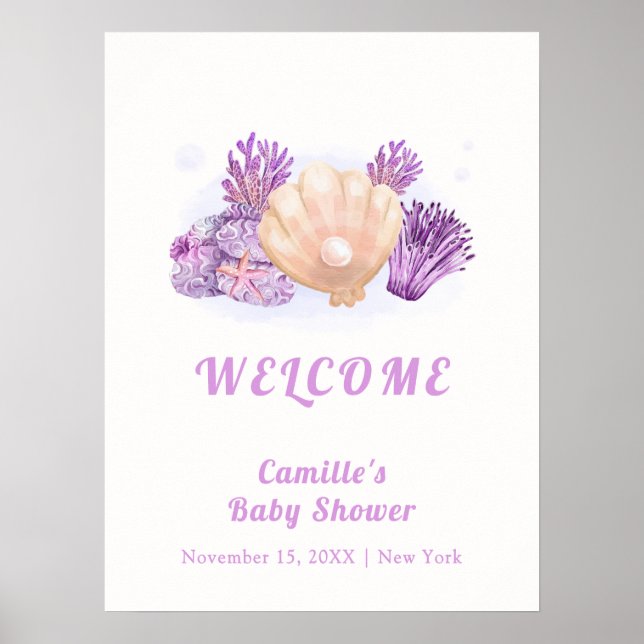Lila Rustic Pearl Seashell Baby Shower Välkommen Poster (Framsidan)