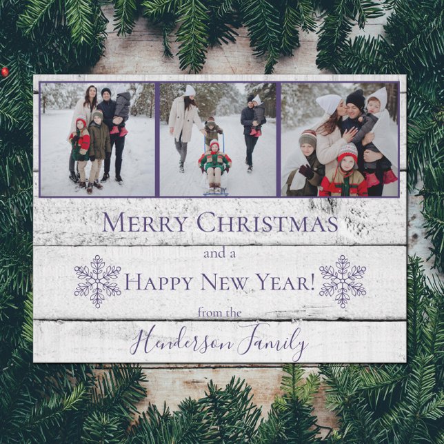 Lila Rustic Snöflingor Flat Helgdag Photo Card Julkort (Purple Rustic Snowflakes Holiday Photo Card)