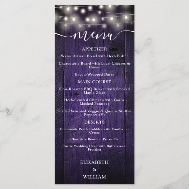Lila Rustic String Ljus Barn Wood Bröllop Meny (Framsida)