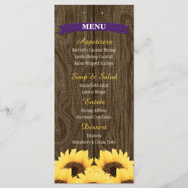 LILA RUSTIC SUNFLOWER MENU-KORT MENY (Framsida)