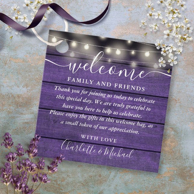 Lila rustic välkomstpresentkorg för bröllop gåvor etiketter (Rustic Purple Wedding Welcome Gift Basket Bag Favor Tags)