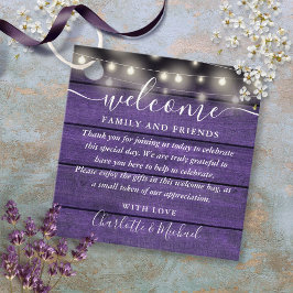 Lila rustic välkomstpresentkorg för bröllop gåvor etiketter